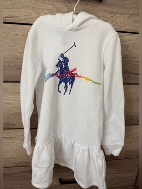 BRAND NEW Polo Ralph Lauren Girls White Hoodie Dress with Rainbow Polo Player